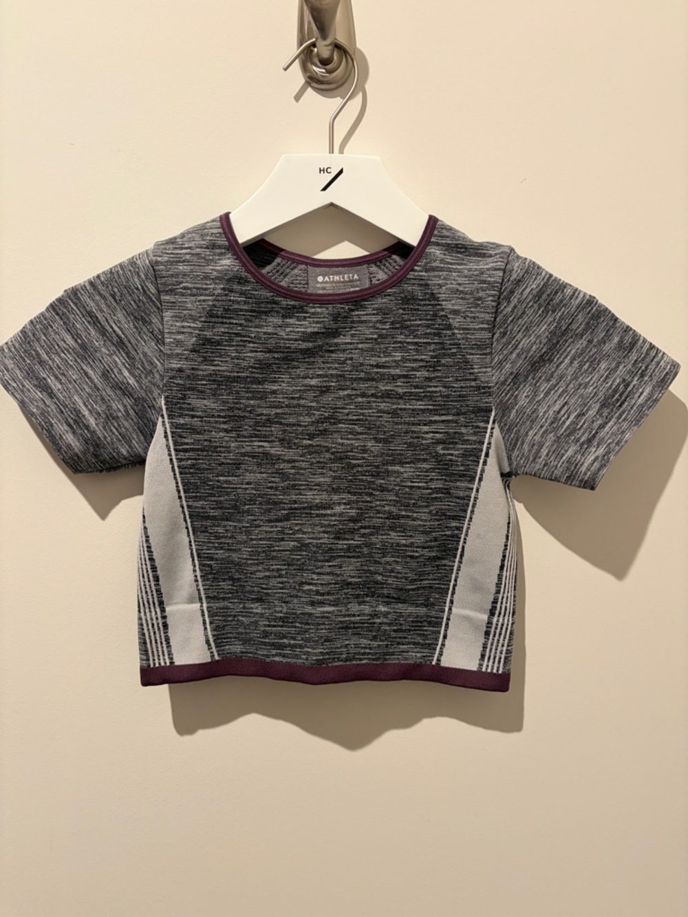 Athleta Grey Heathered Performance Tee with Plum Trim